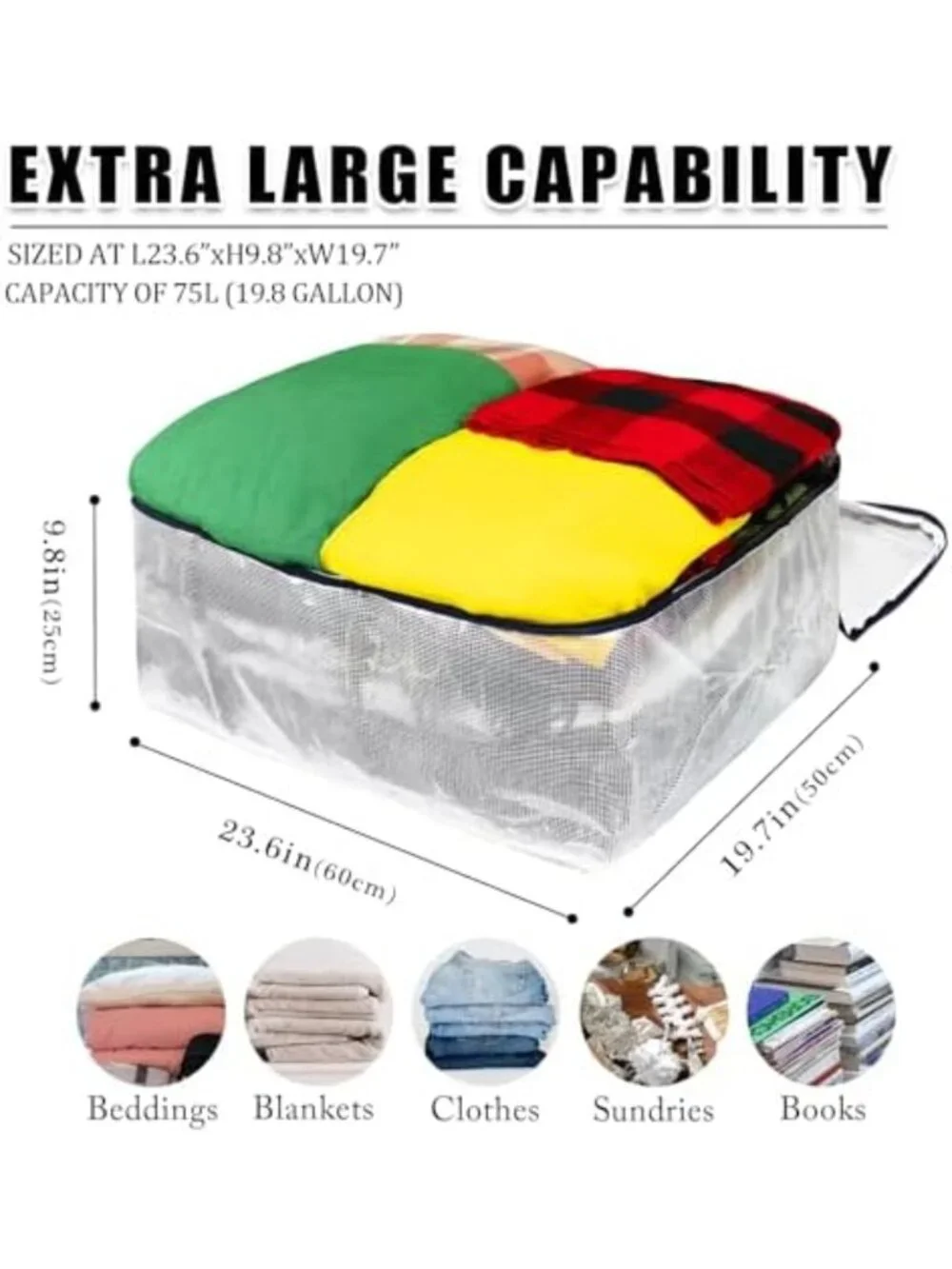 Extra Large Clear Storage Bags with Zipper - 75L Closet & Underbed Organizer, 3